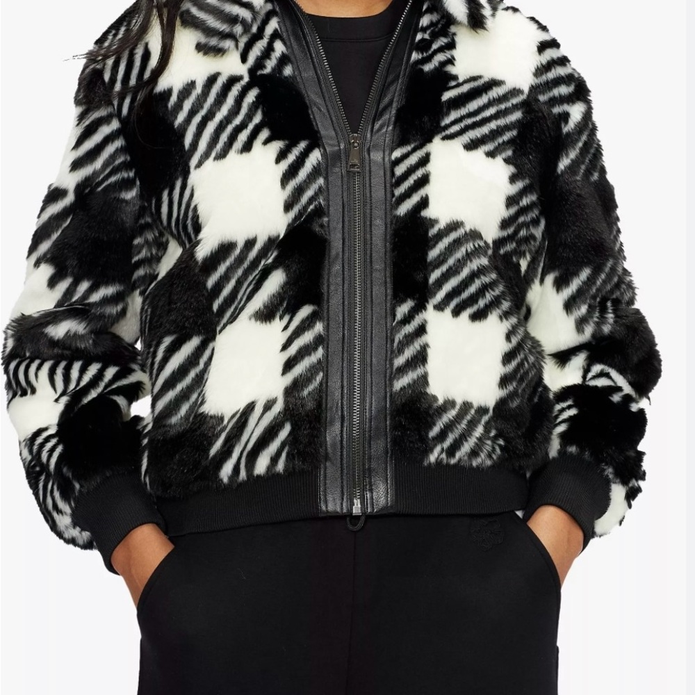 Ted Baker Kkamila Check Faux Fur Jacket, Black/White,size:2